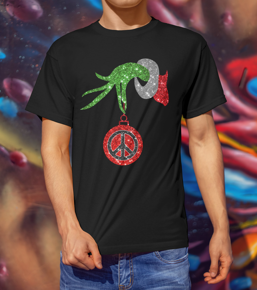 Grinch Hand Holding Peace Sign Ornament Christmas Hippie T-Shirt