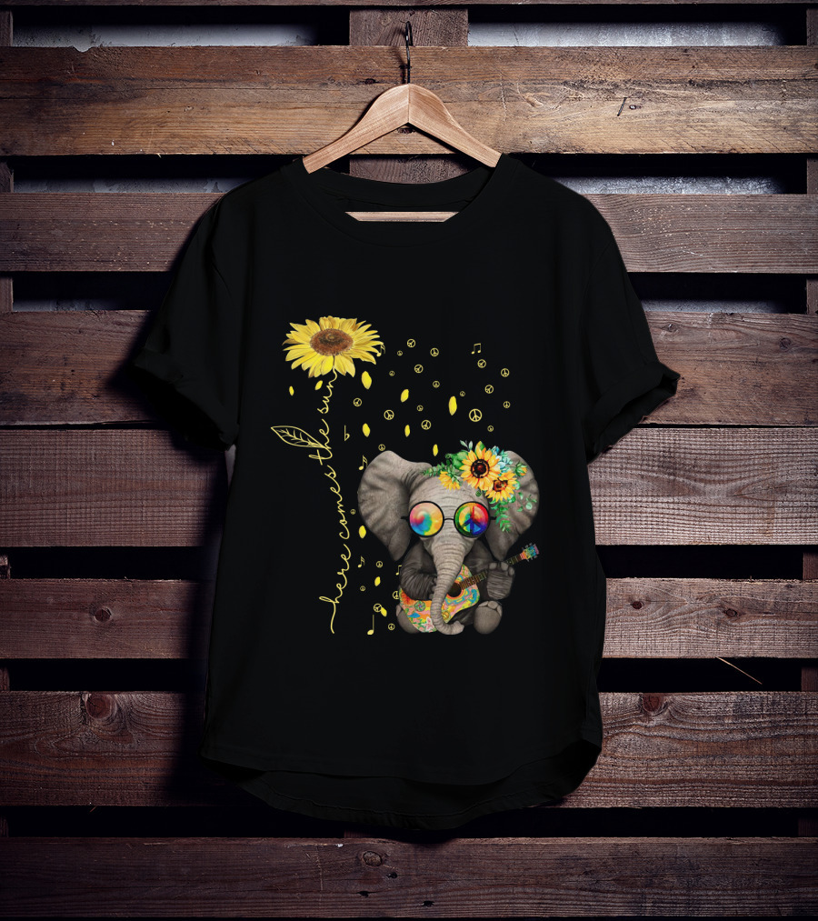 Here Comes The Sun Elephant With Sunflower And Peace Symbols T-Shirt