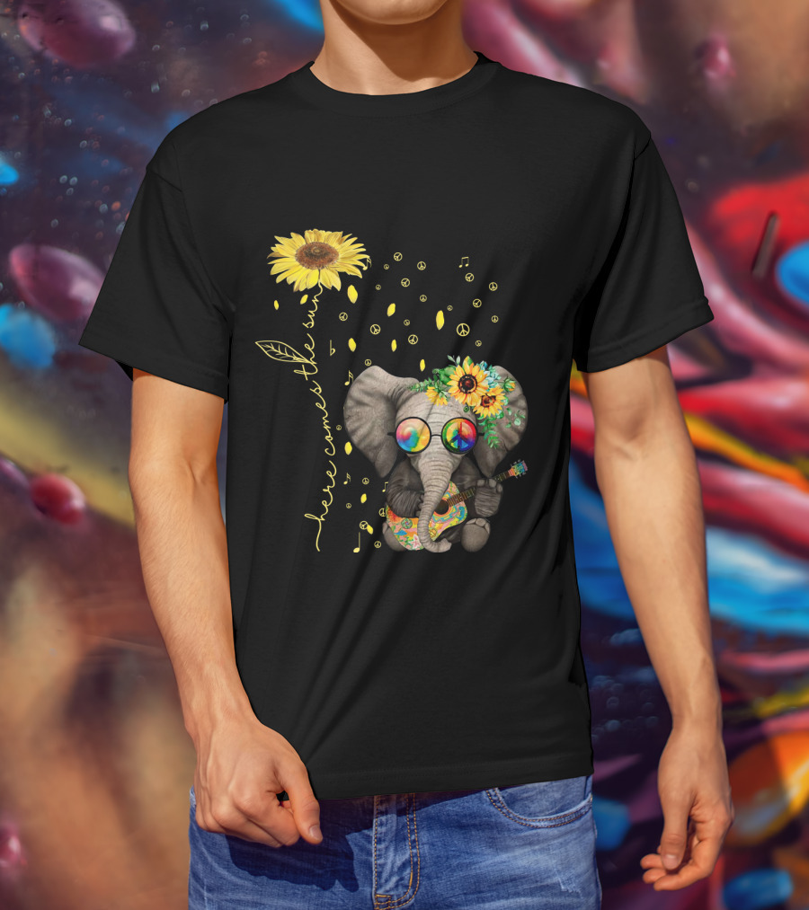Here Comes The Sun Elephant With Sunflower And Peace Symbols T-Shirt