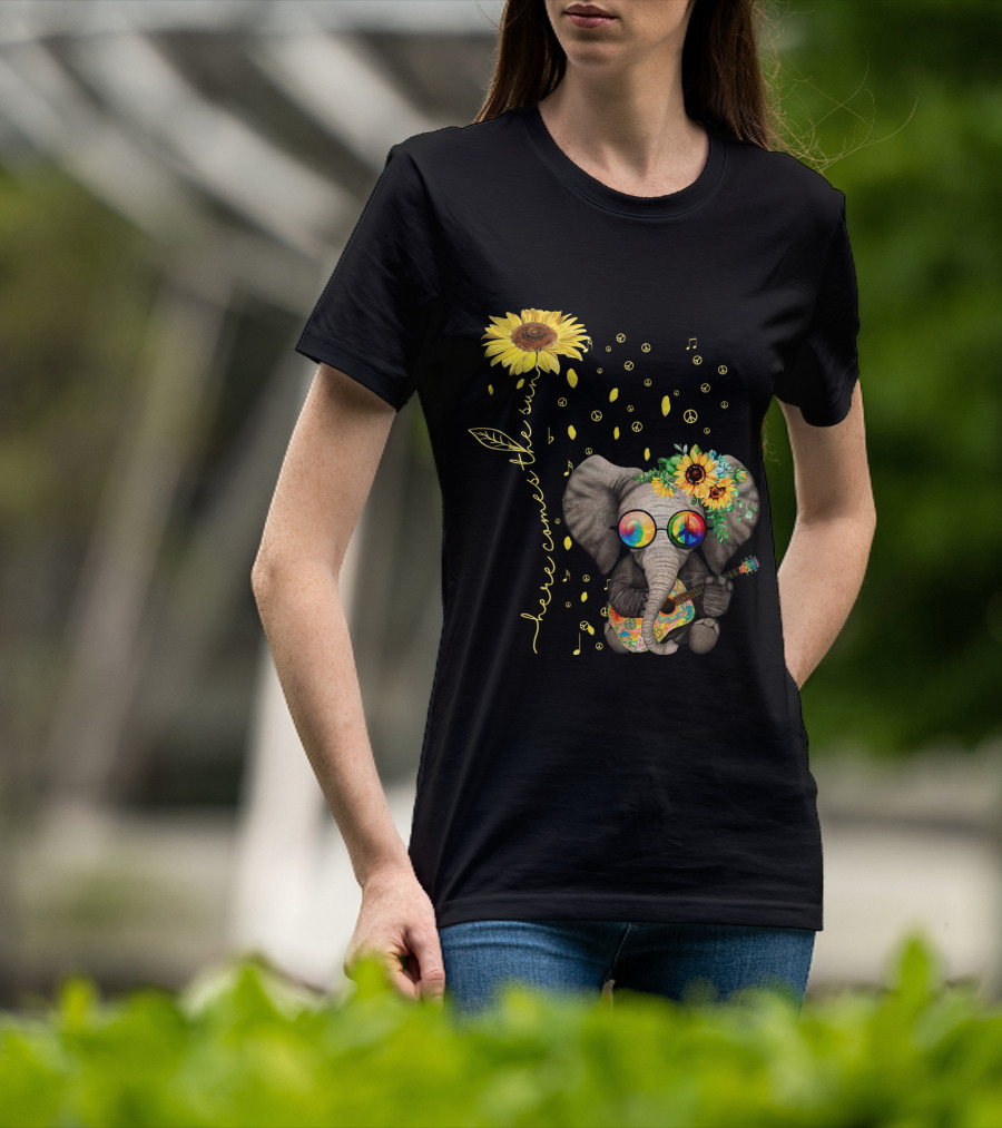 Here Comes The Sun Elephant With Sunflower And Peace Symbols T-Shirt