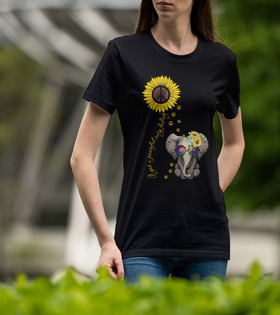 I Got A Peaceful Easy Feeling Elephant With Sunflower And Peace Symbols T-Shirt