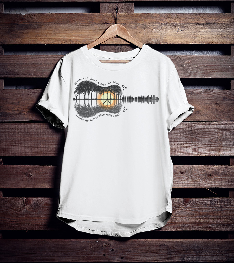 Gimme The Beat And Free My Soul I Wanna Get Lost In Your Rock And Roll Guitar Skyline Sunset T-Shirt