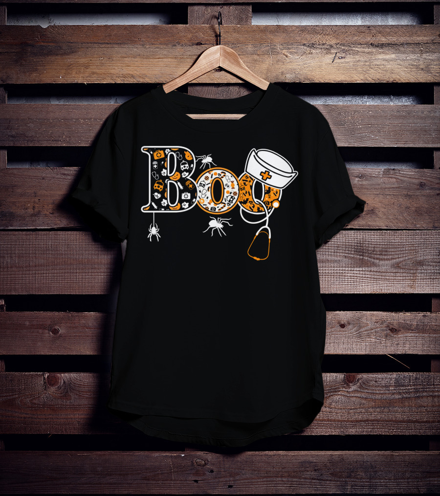 Boo Nurse Halloween Stethoscope Spider Hat T-Shirt