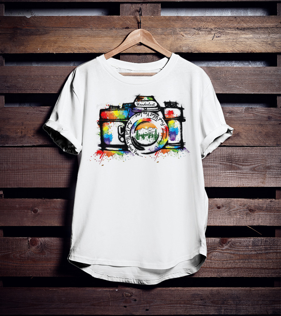 Wanderlust Camera Color Adventure Awaits Mountains T-Shirt