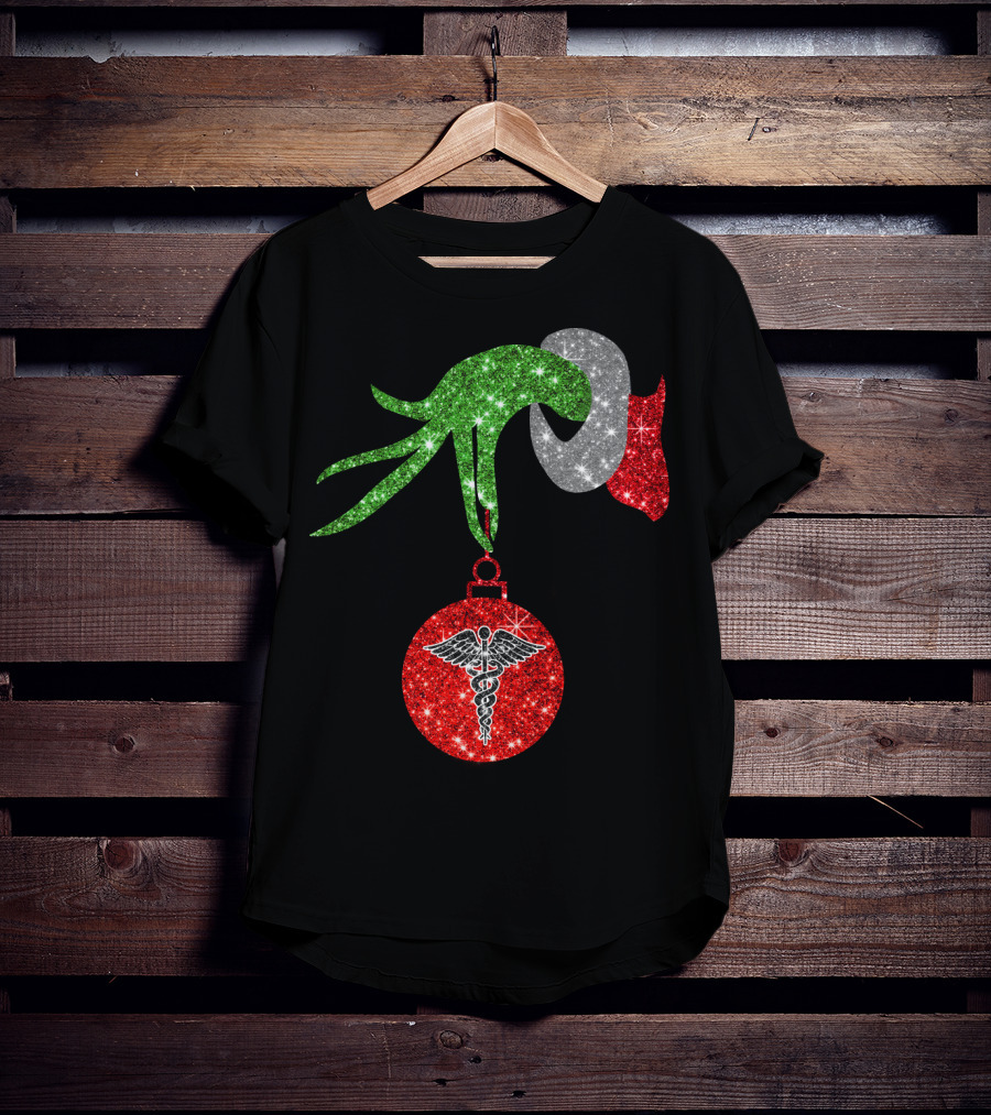 Grinch Hand Holding Caduceus Christmas Ornament Nurse T-Shirt