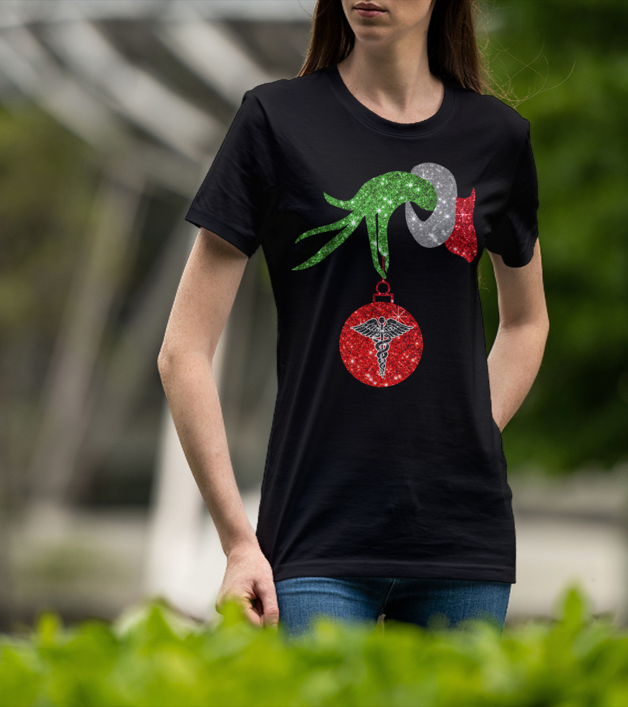 Grinch Hand Holding Caduceus Christmas Ornament Nurse T-Shirt