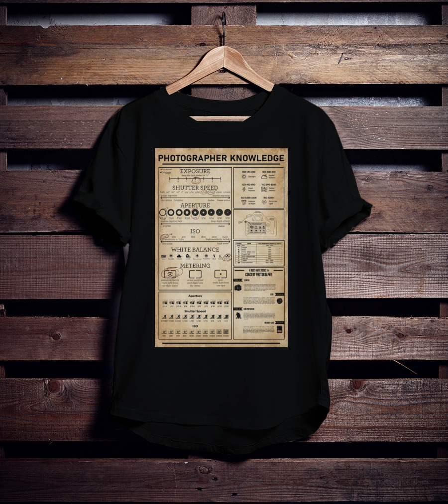 Photographer Knowledge Exposure Shutter Speed Aperture ISO White Balance Metering Concert Photography Guide T-Shirt