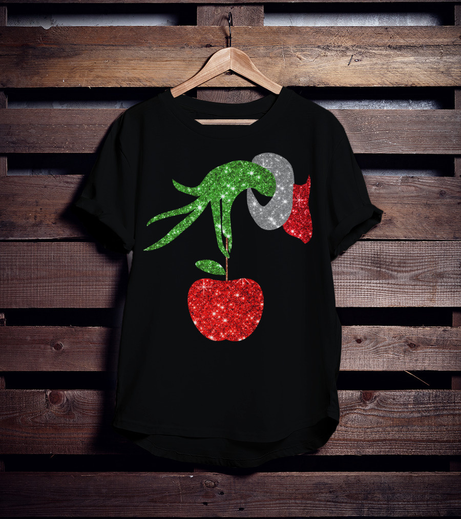 Green Grinch Hand Holding Shiny Red Apple T-Shirt