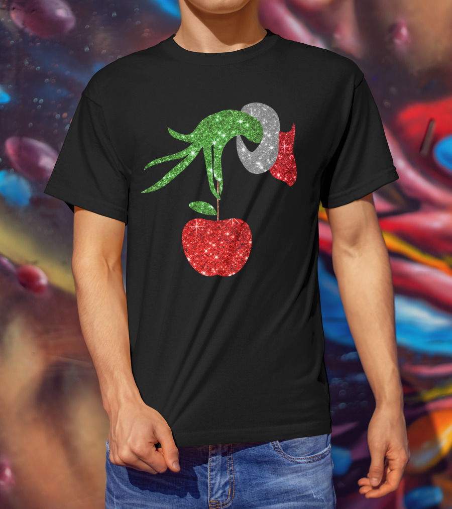 Green Grinch Hand Holding Shiny Red Apple T-Shirt