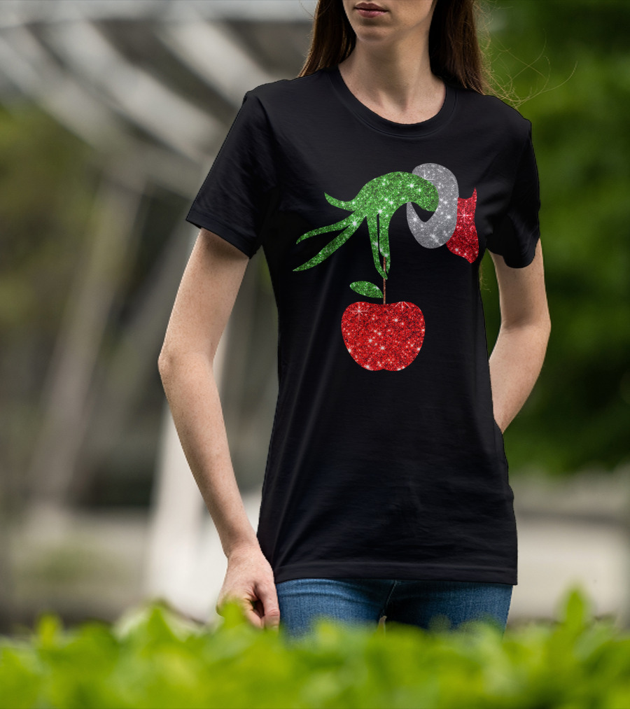 Green Grinch Hand Holding Shiny Red Apple T-Shirt