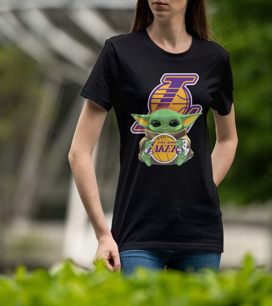 Los Angeles Lakers Baby Yoda Holding Basketball T-Shirt