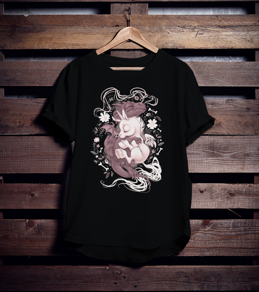 Dragon Unicorn Sleeping Embrace With Flowers And Bones T-Shirt