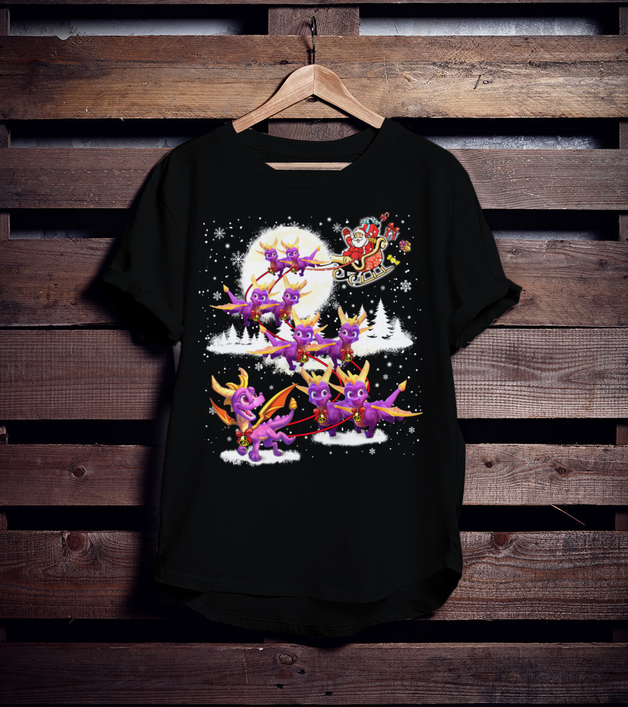 Santa's Sleigh Pulled By Purple Dragon Reindeer T-Shirt