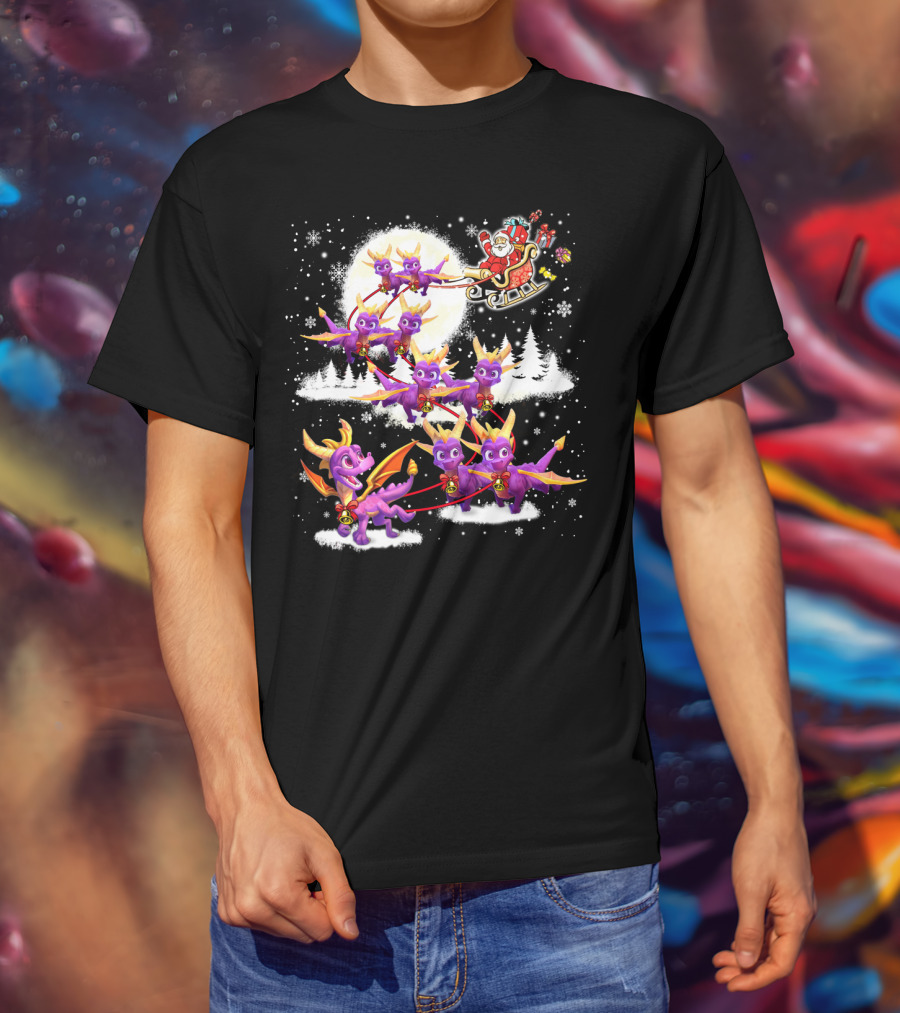 Santa's Sleigh Pulled By Purple Dragon Reindeer T-Shirt