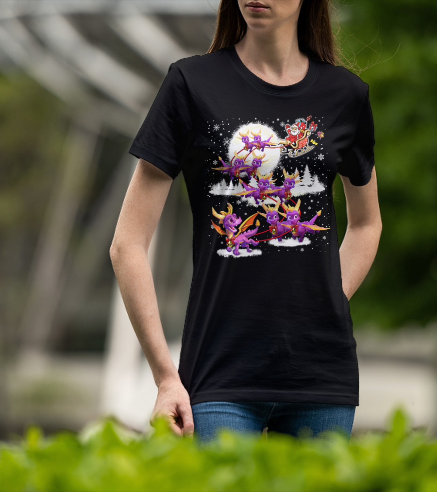 Santa's Sleigh Pulled By Purple Dragon Reindeer T-Shirt