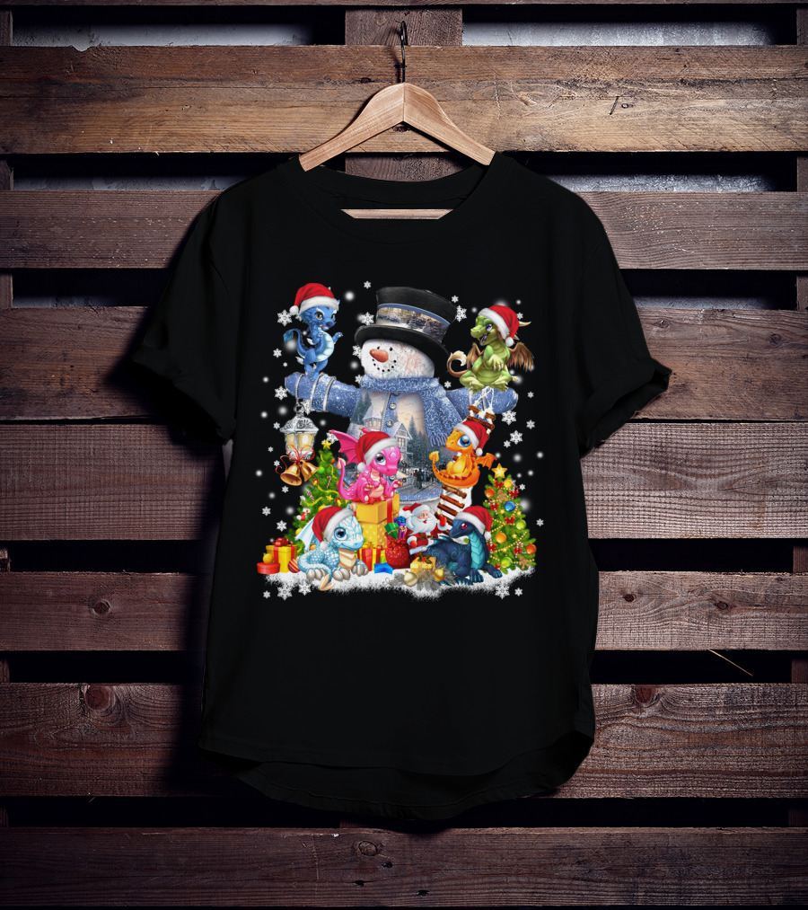Dragons Play With Snowman IN Christmas Scene T-Shirt
