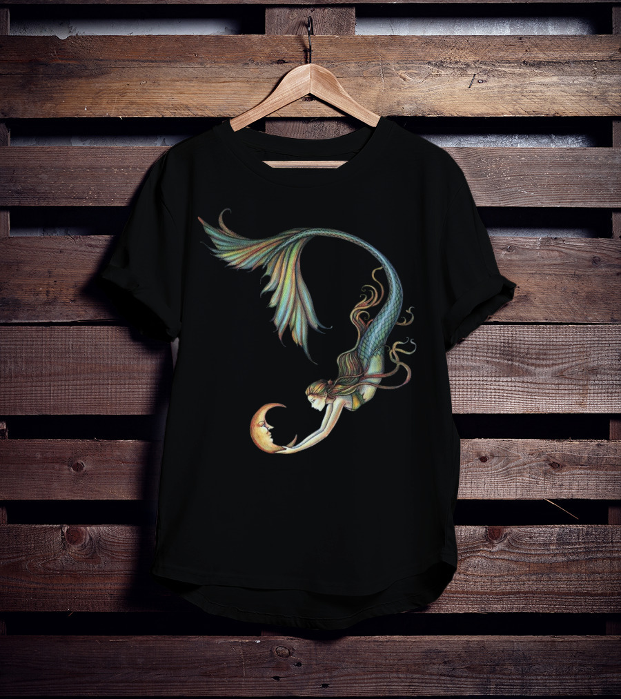 Mermaid Embrace With Smiling Crescent Moon T-Shirt