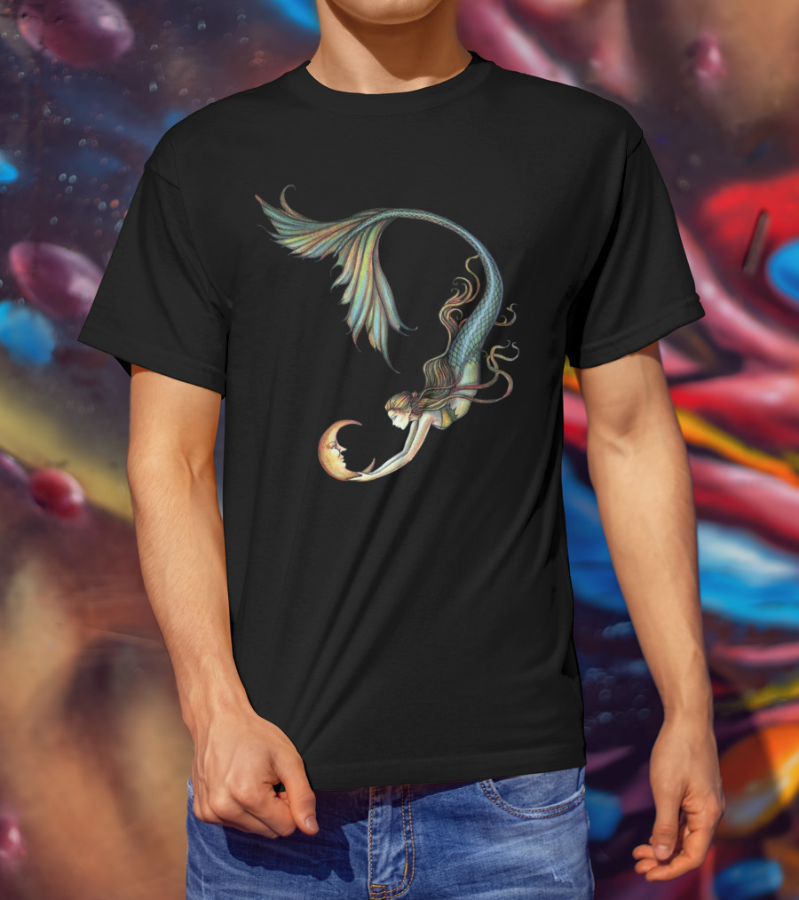 Mermaid Embrace With Smiling Crescent Moon T-Shirt
