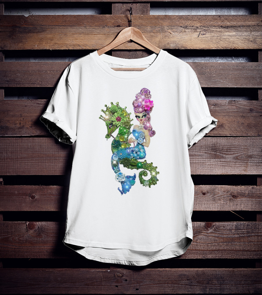 Mermaid Riding A Seahorse Jewel Embellished Fantasy Creature T-Shirt
