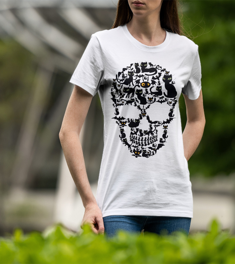 Skull Cats Black Cats And Bats Pattern SK01 T-Shirt