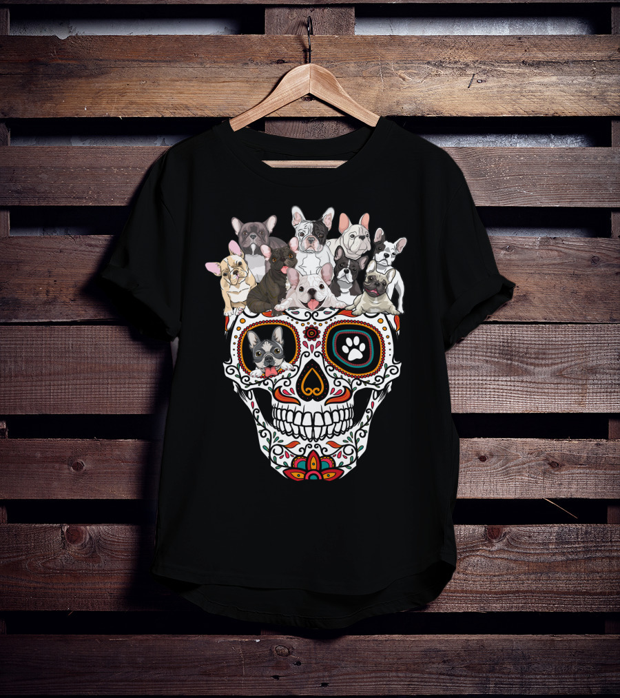 Skull Sugar French Bulldog Día De Los Muertos T-Shirt