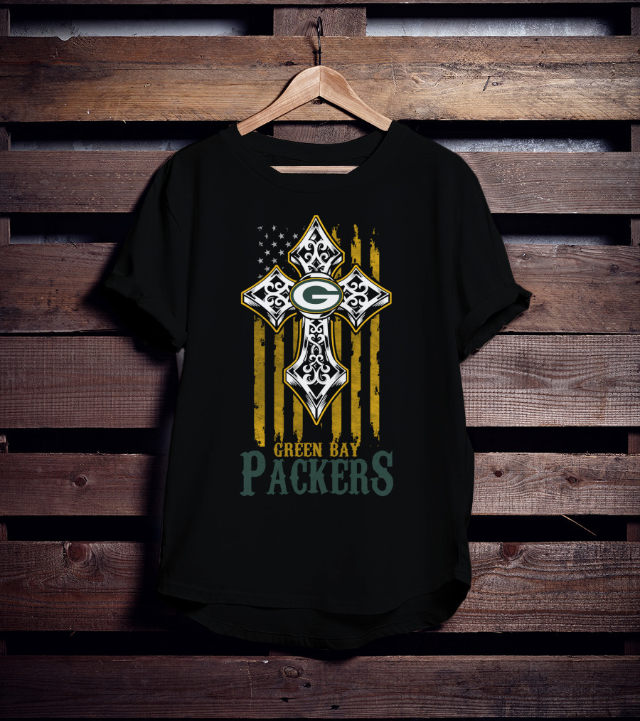 Green Bay Packers American Flag Cross T-Shirt