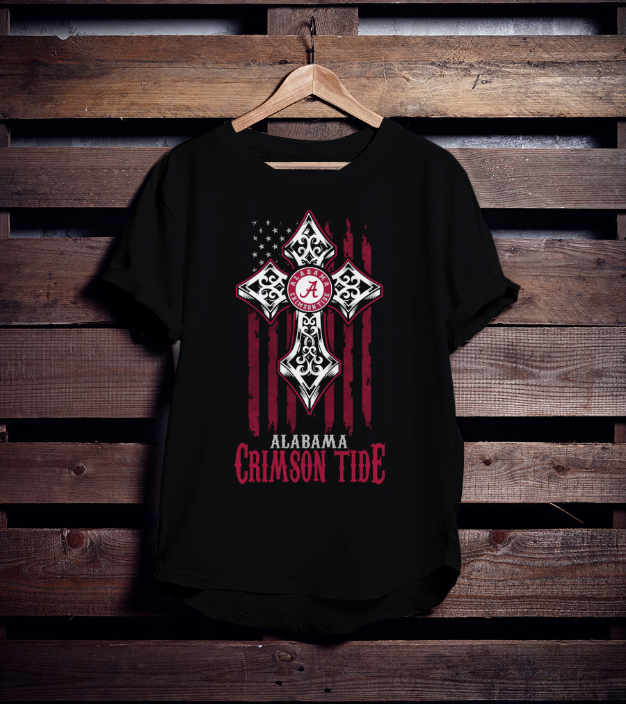 Alabama Crimson Tide Cross With American Flag And Script A T-Shirt
