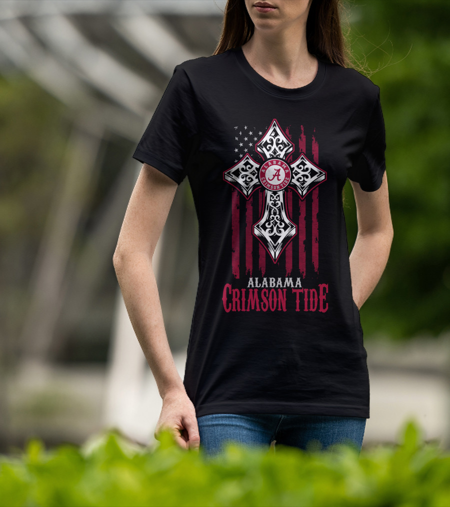 Alabama Crimson Tide Cross With American Flag And Script A T-Shirt