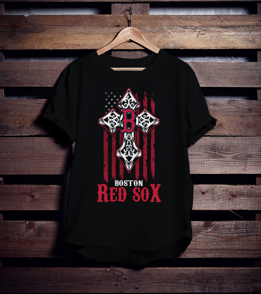 Boston Red Sox Patriotic Cross Stars And Stripes Motif T-Shirt