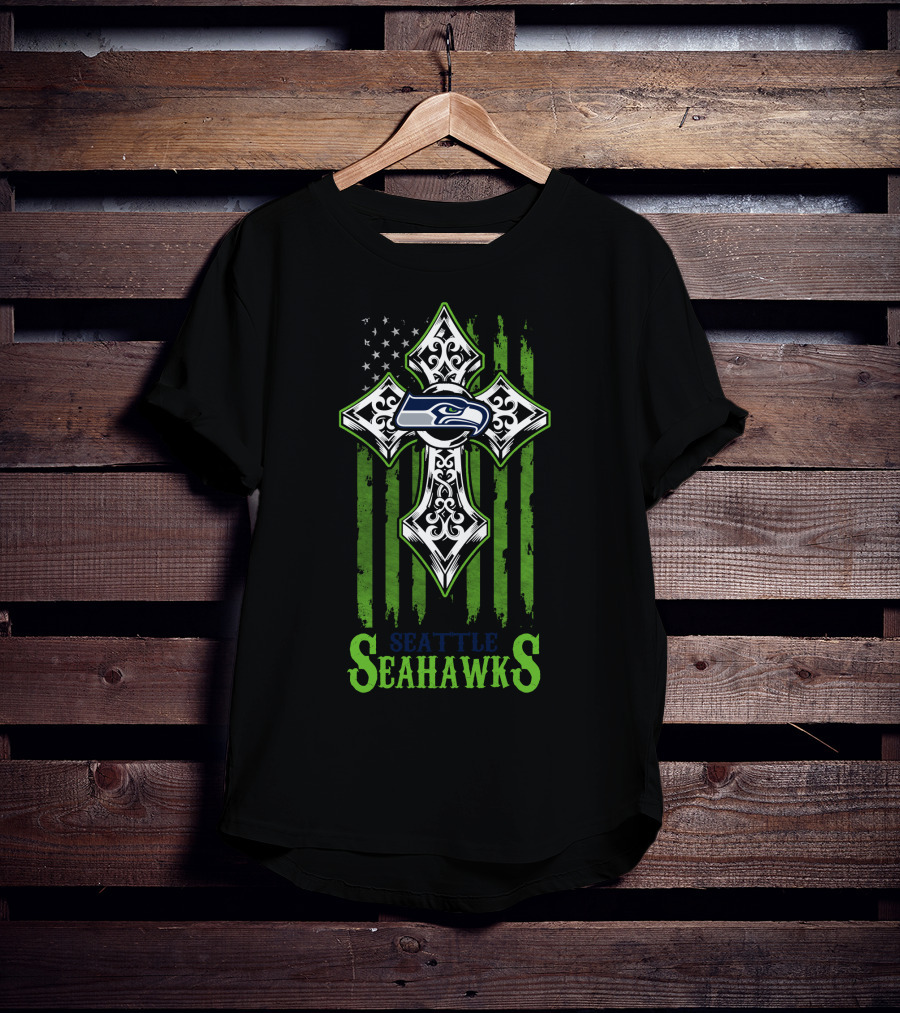 Seattle Seahawks Cross With American Flag Elements T-Shirt