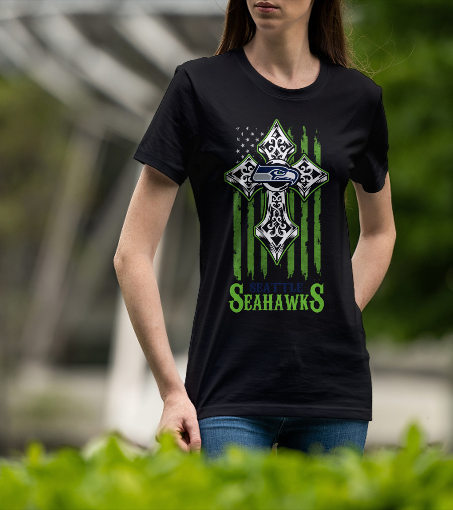 Seattle Seahawks Cross With American Flag Elements T-Shirt
