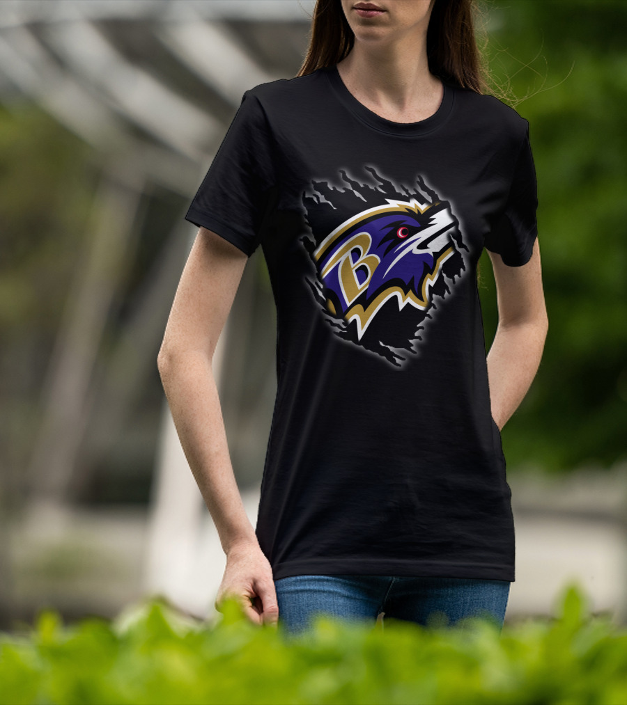 Baltimore Ravens Nfl Team Logo With Claw Marks On Dark T-Shirt