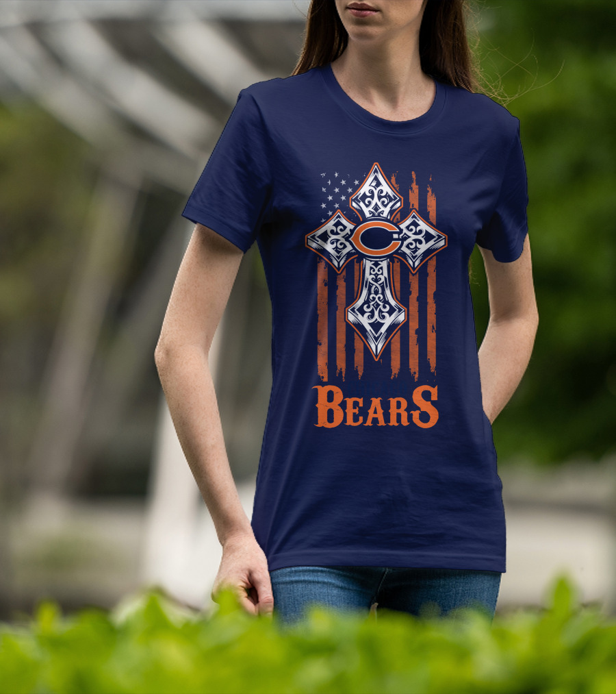 Chicago Bears Cross With American Flag Stripes T-Shirt