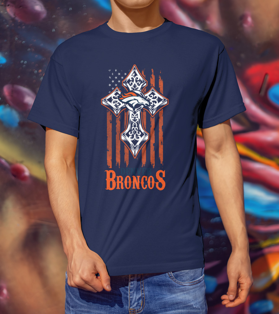 Denver Broncos American Flag Cross Horse T-Shirt