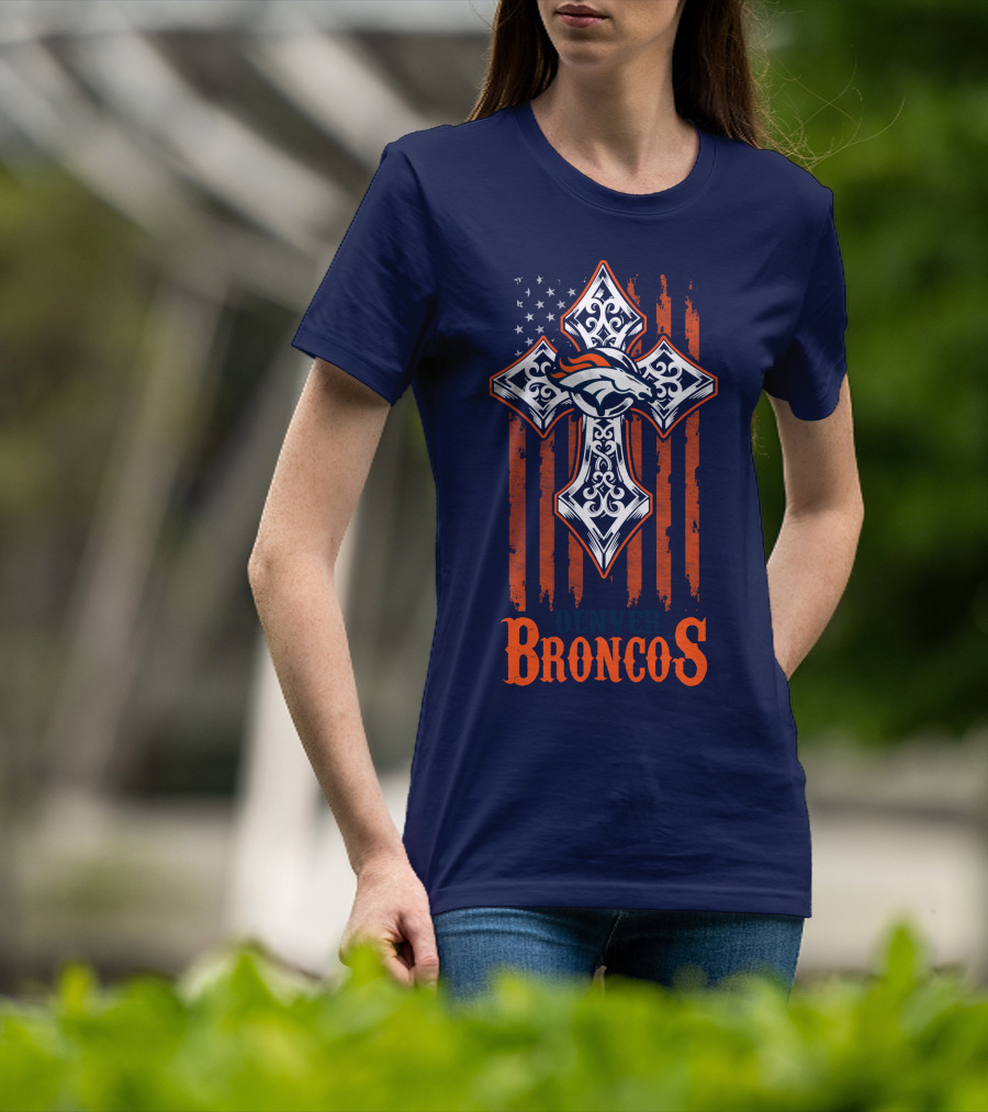 Denver Broncos American Flag Cross Horse T-Shirt