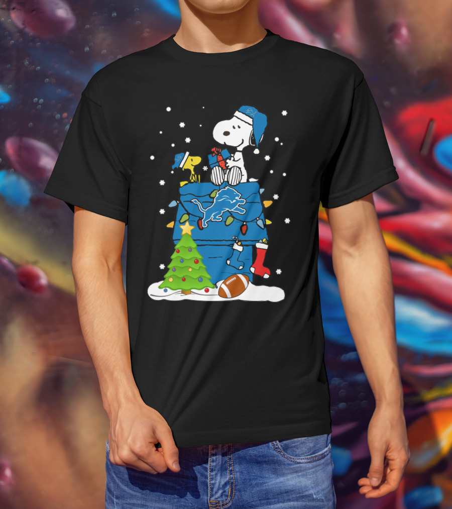 Detroit Lions Snoopy Christmas Football House With Tree And Stockings T-Shirt