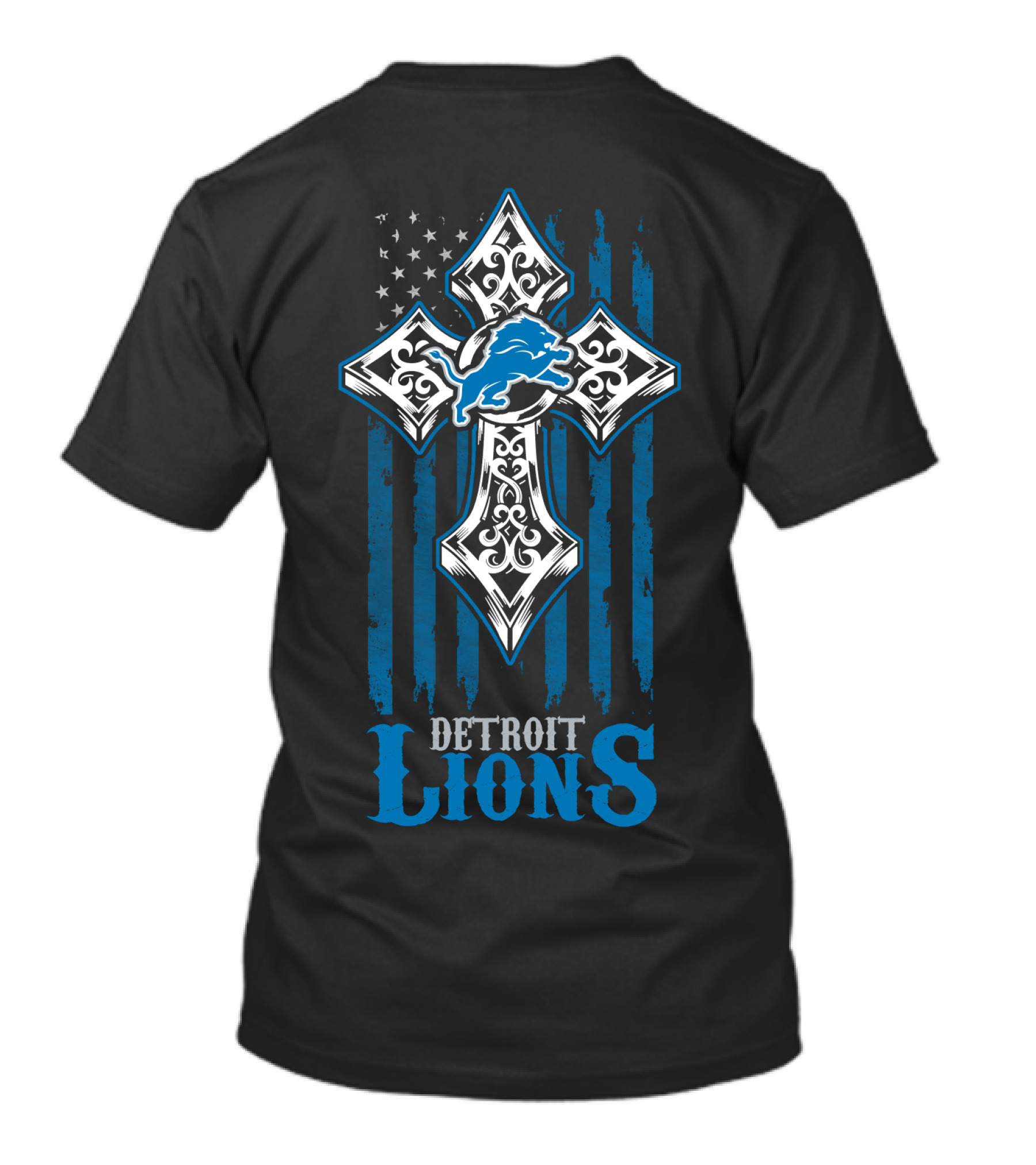 Detroit Lions Cross And Flag Design With Blue Lion T-Shirt