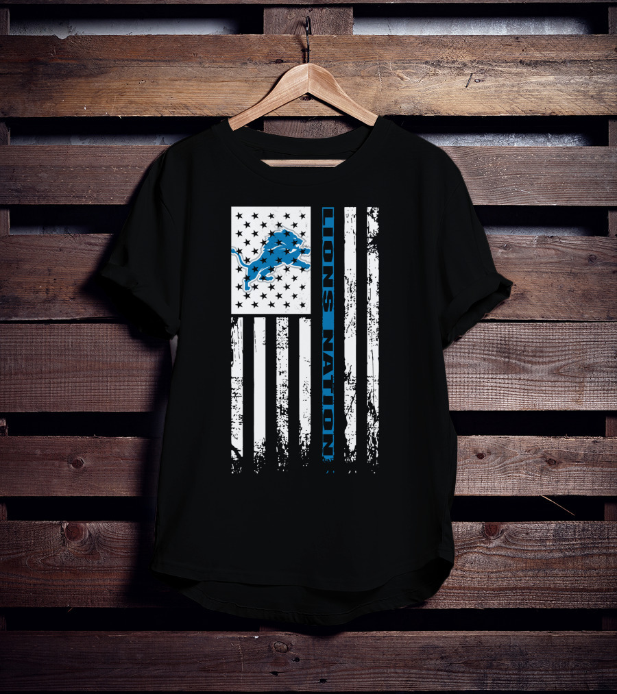 Detroit Lions Nation Flag Design With Blue Lion And Stars T-Shirt
