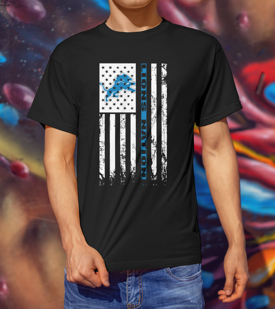 Detroit Lions Nation Flag Design With Blue Lion And Stars T-Shirt