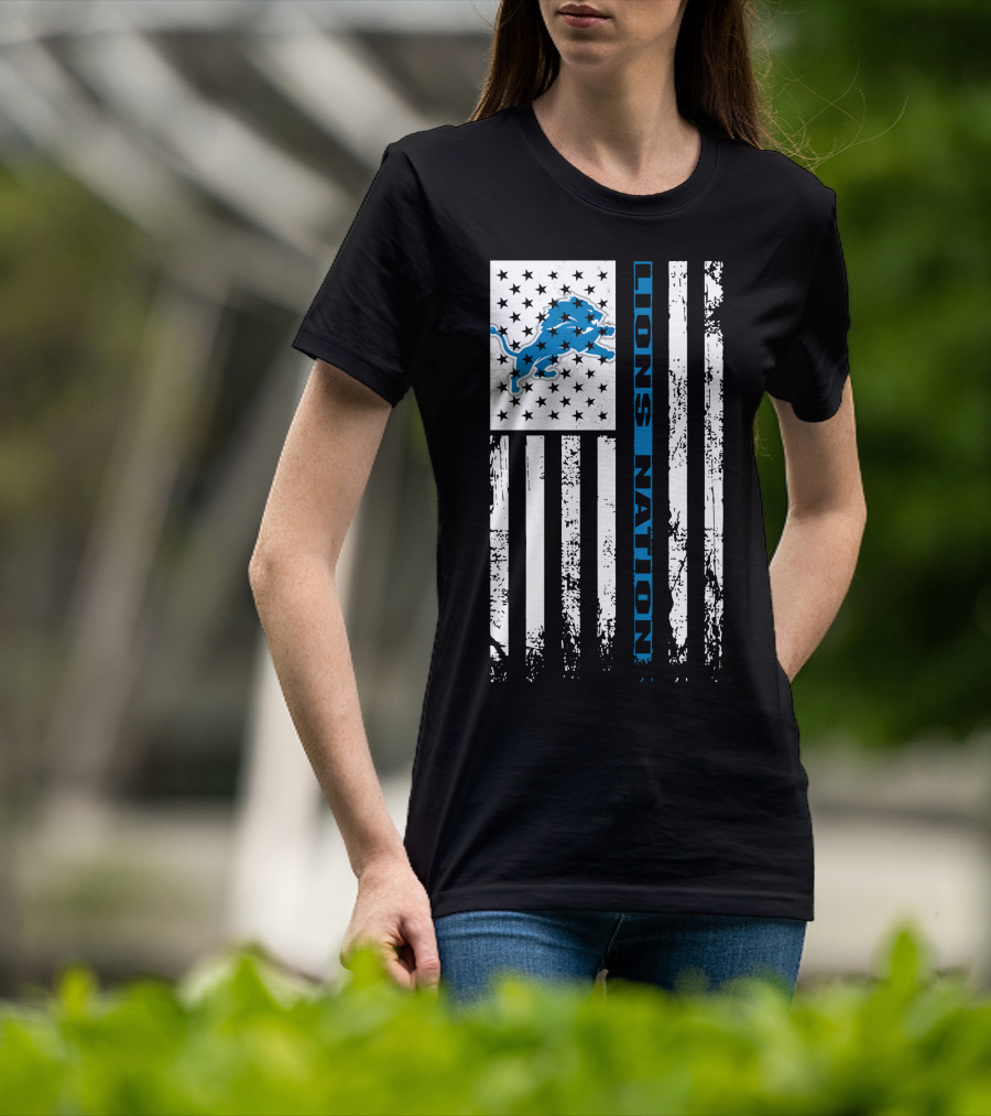 Detroit Lions Nation Flag Design With Blue Lion And Stars T-Shirt