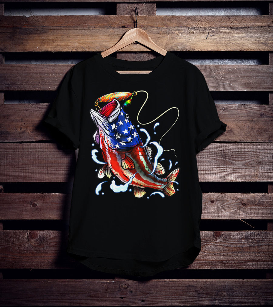 Bass Fishing Angler Dad With American Flag T-Shirt
