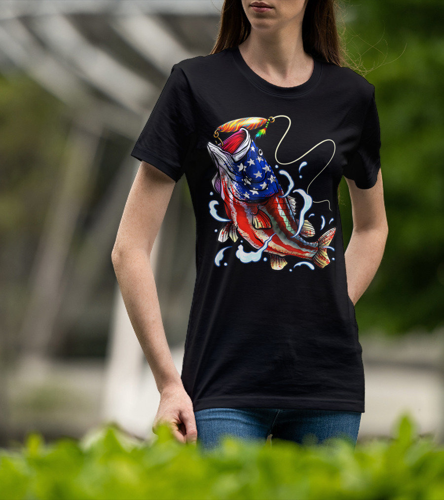 Bass Fishing Angler Dad With American Flag T-Shirt
