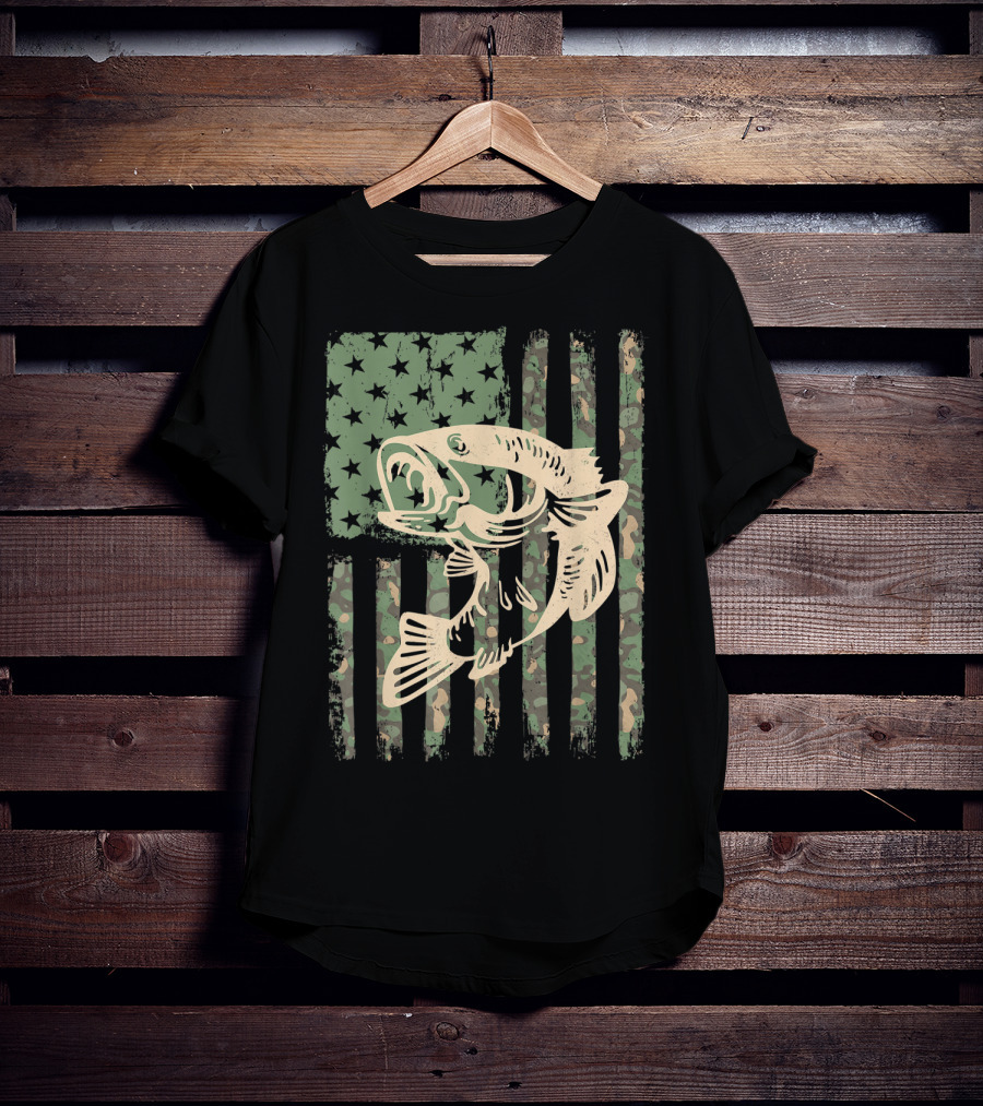 Camouflage USA Flag Big Mouth Bass Fishing T-Shirt