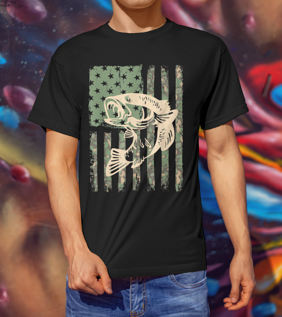 Camouflage USA Flag Big Mouth Bass Fishing T-Shirt