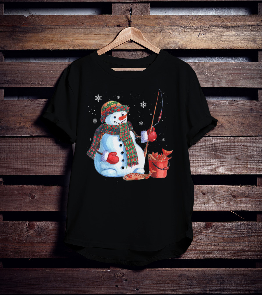 Merry Christmas Fishing Snowman With Fish And Snowflakes For Fishing Lovers T-Shirt
