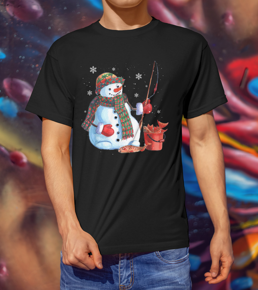Merry Christmas Fishing Snowman With Fish And Snowflakes For Fishing Lovers T-Shirt