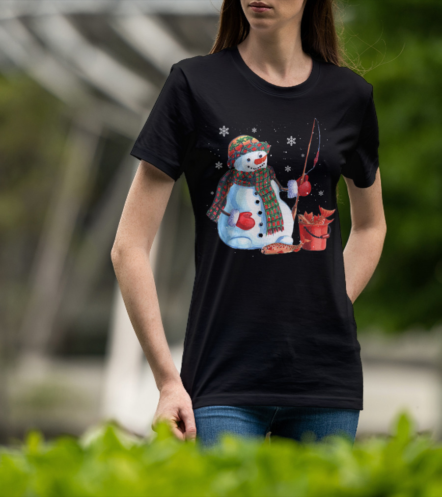 Merry Christmas Fishing Snowman With Fish And Snowflakes For Fishing Lovers T-Shirt
