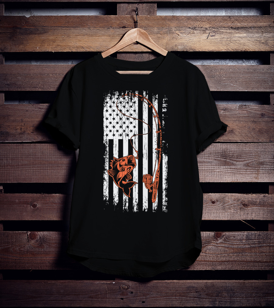 USA Fishing Flag Bass And Rod American Flag T-Shirt