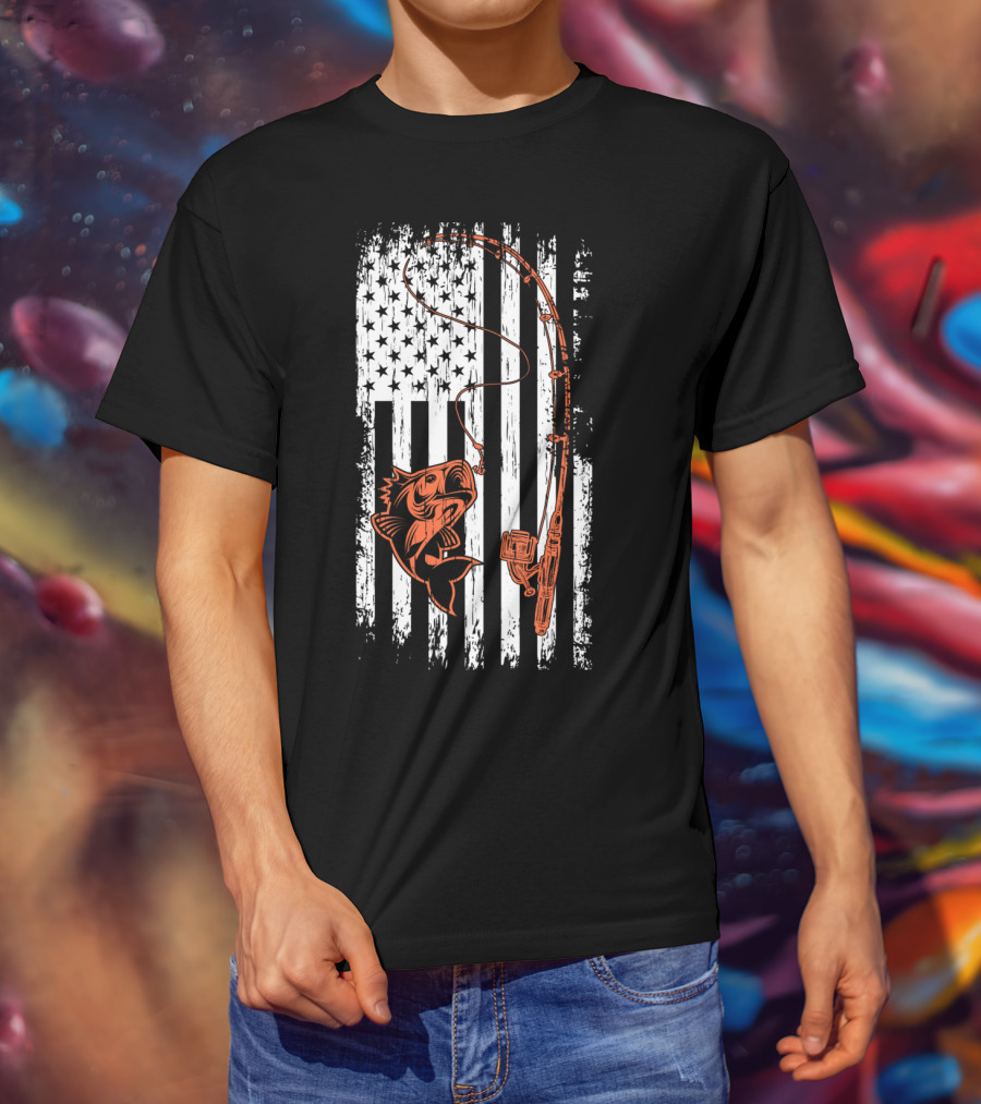 USA Fishing Flag Bass And Rod American Flag T-Shirt