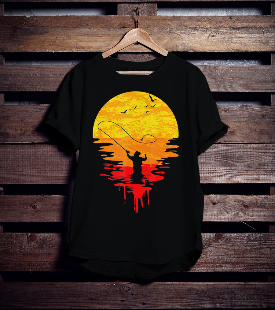 Fly Fishing At Sunset Vintage Style Silhouette With Birds T-Shirt
